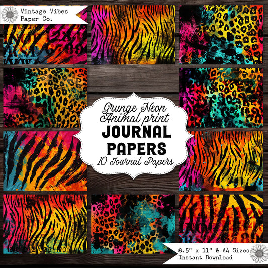 Junk journal papers Grunge Neon animal print, bright background patterned textured collage pages for junk journalling & mixed media collage