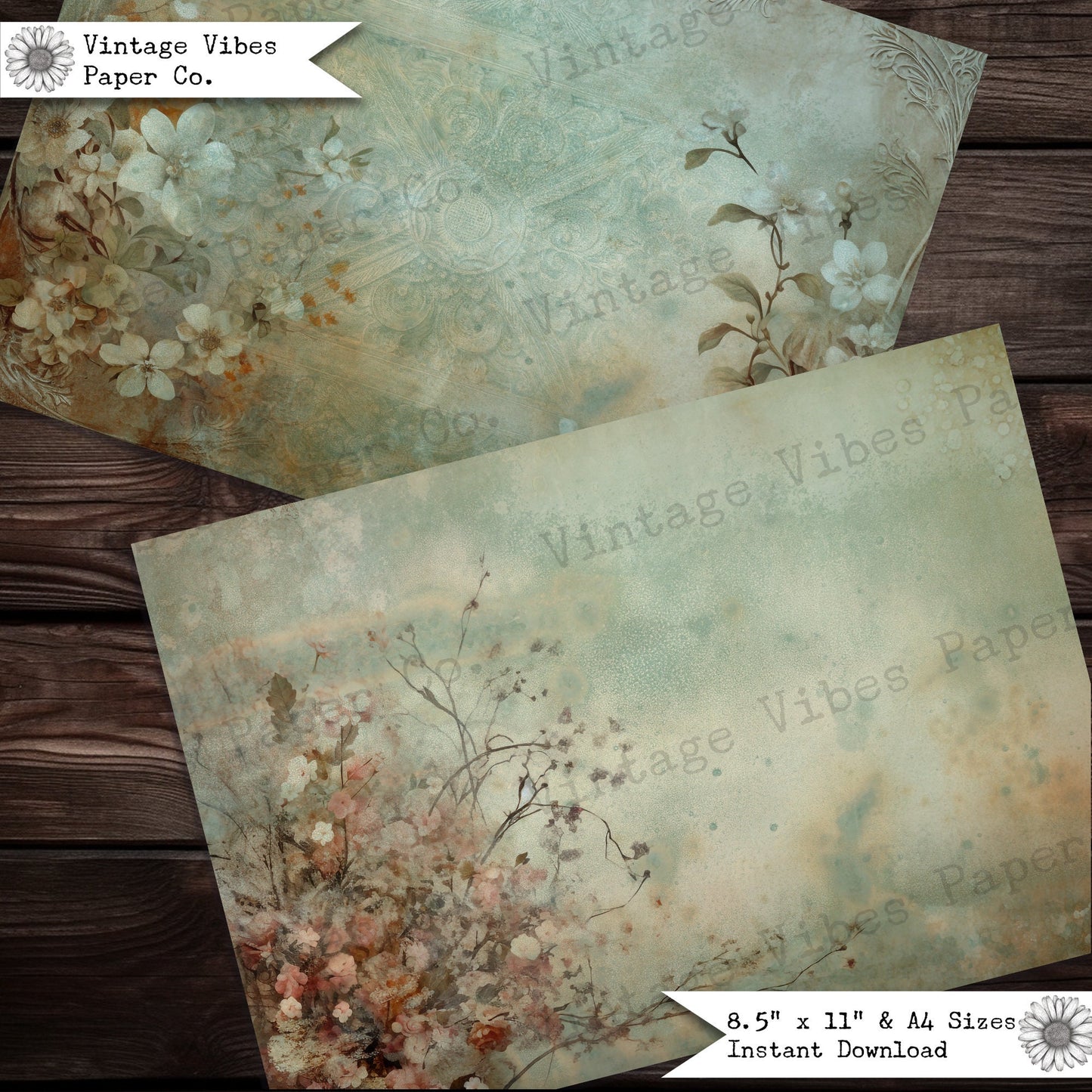 Junk journal papers distressed wildflower, rustic grungy floral textured collage pages for junk journalling & mixed media collage digital