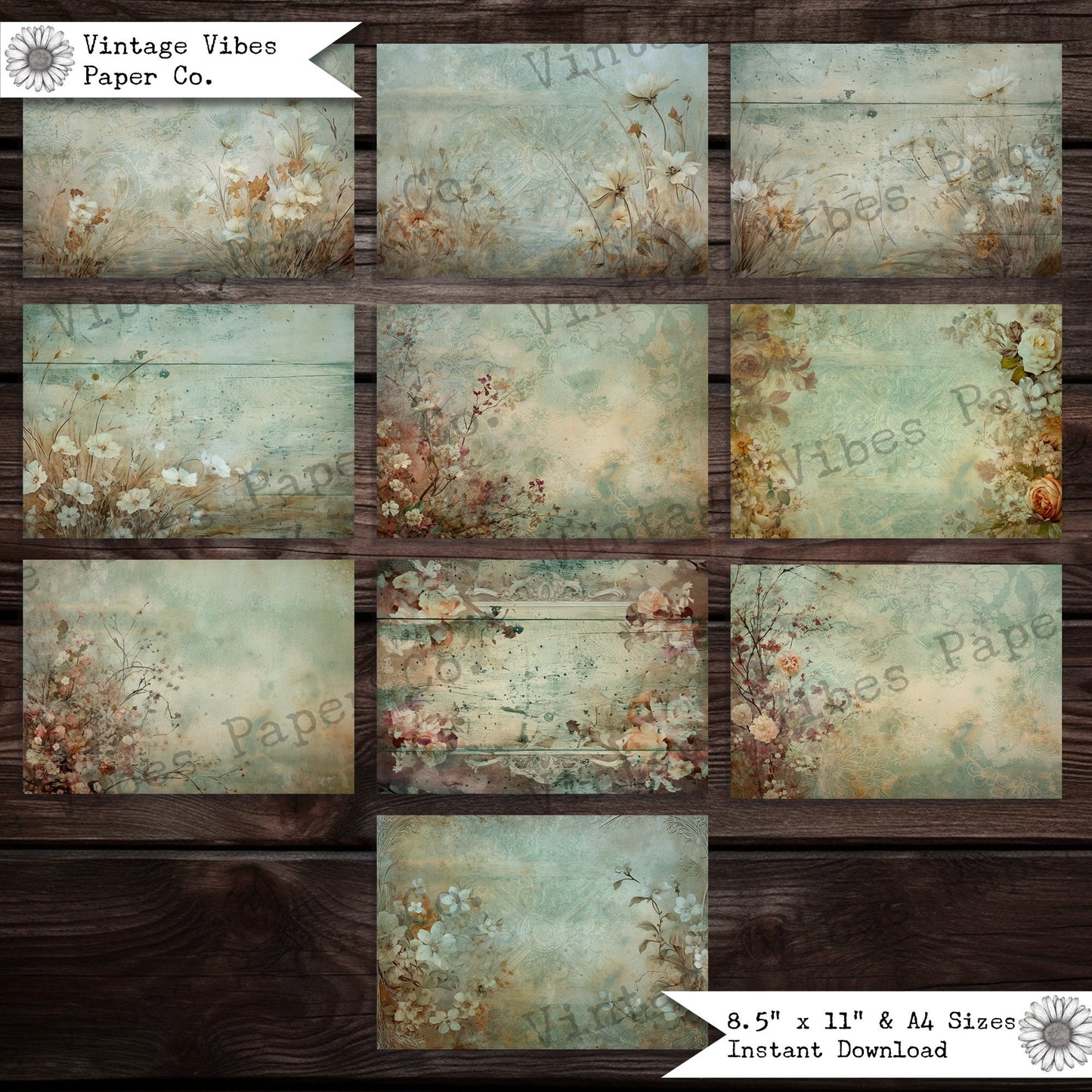 Junk journal papers distressed wildflower, rustic grungy floral textured collage pages for junk journalling & mixed media collage digital