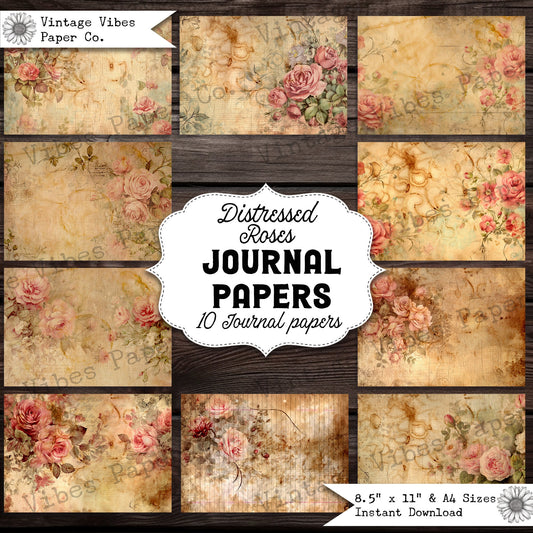 Junk journal papers distressed roses, rustic grungy floral pattern textured collage pages for junk journalling & mixed media collage digital