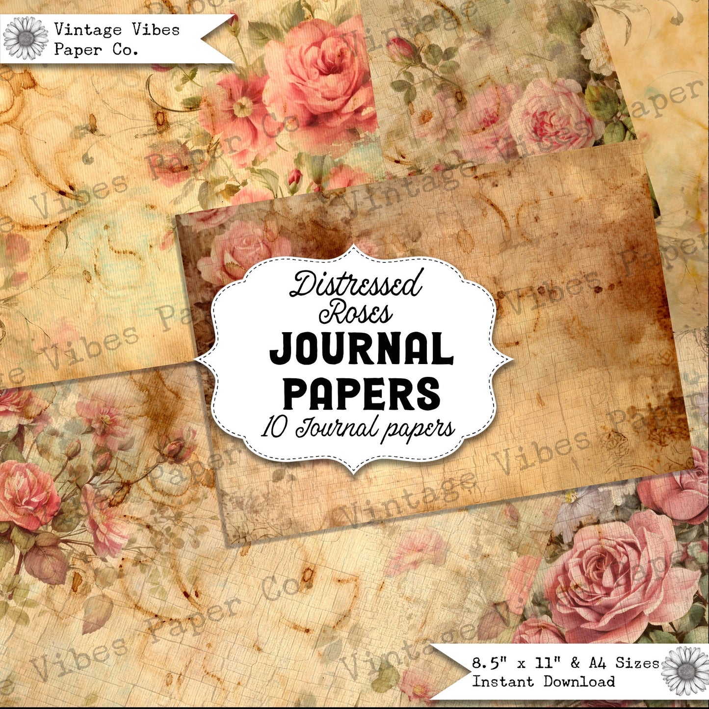 Junk journal papers distressed roses, rustic grungy floral pattern textured collage pages for junk journalling & mixed media collage digital