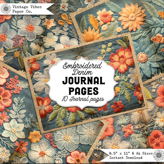 Embroidered denim junk jouranl page spread, 10 digital papers, perfect for sewing fabric themed junk journal, distressed vintage style paper