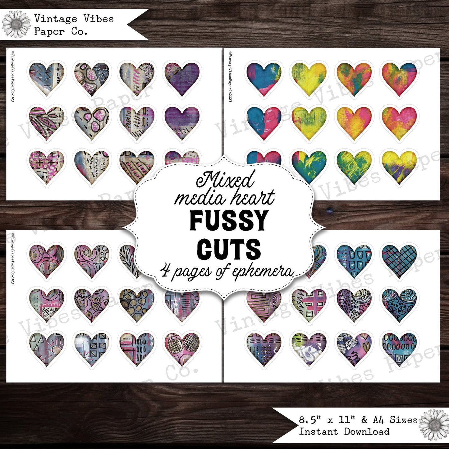 Junk Journal ephemera mixed media heart fussy cuts, collage ephemera for junk journaling & scrapbooking, digital printable ephemera 4 papers