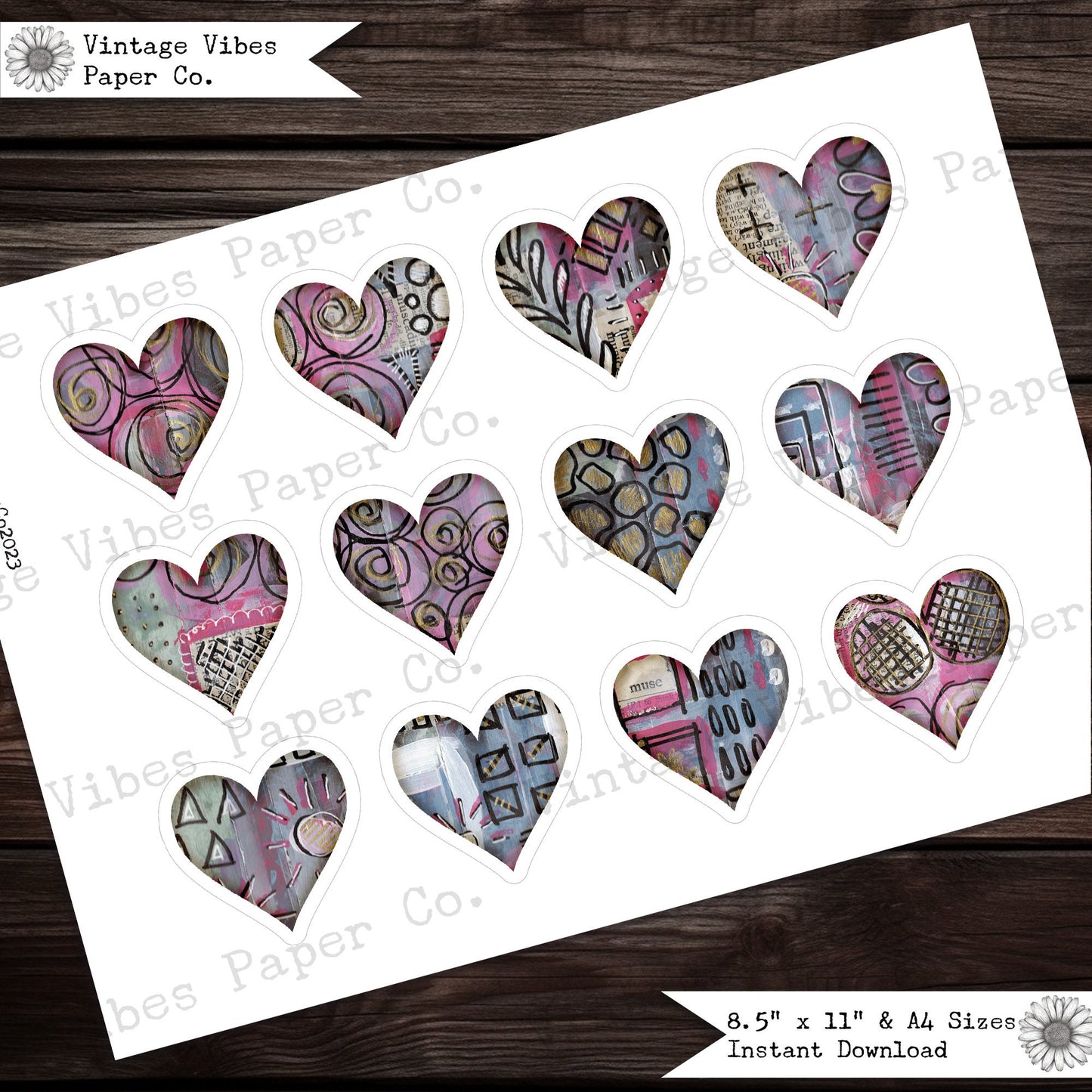 Junk Journal ephemera mixed media heart fussy cuts, collage ephemera for junk journaling & scrapbooking, digital printable ephemera 4 papers