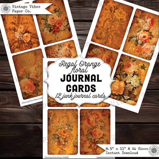 Regal orange flowers junk journal cards, 12 journalling cards to print Autumn baroque floral vintage style ephemera, scrapbooking & crafts