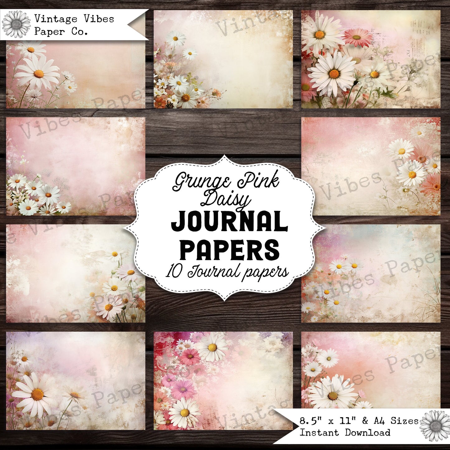 Pink Daisy Vintage floral junk journal papers, digital printable scrapbook papers, card making papers vintage floral pink grunge tones