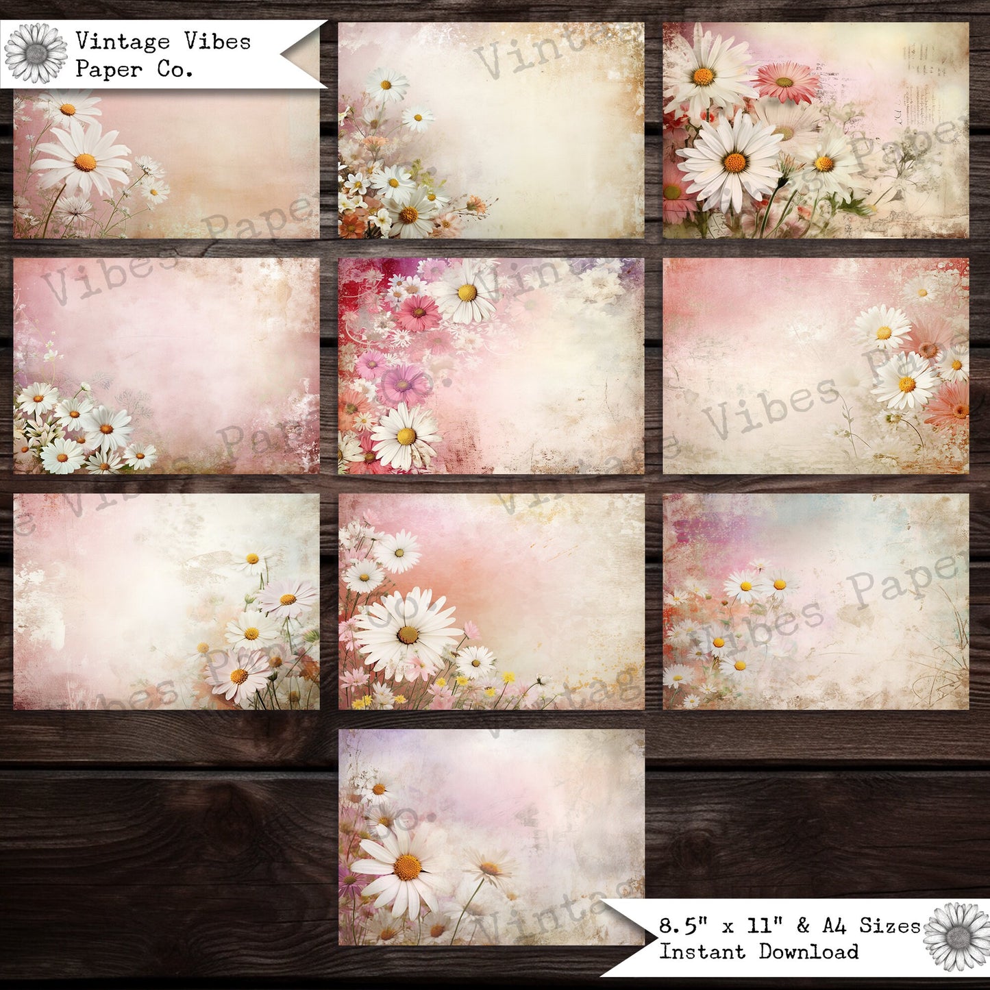 Pink Daisy Vintage floral junk journal papers, digital printable scrapbook papers, card making papers vintage floral pink grunge tones