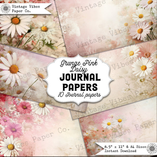 Pink Daisy Vintage floral junk journal papers, digital printable scrapbook papers, card making papers vintage floral pink grunge tones