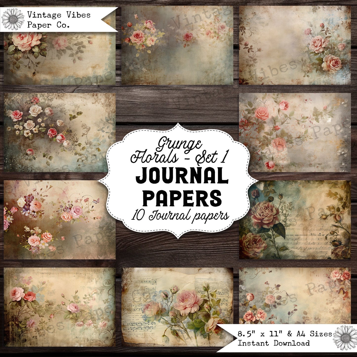 Grunge Vintage floral junk journal papers, digital printable scrapbook papers, neutral tones junk journalling paper kit 1, scrapbooking