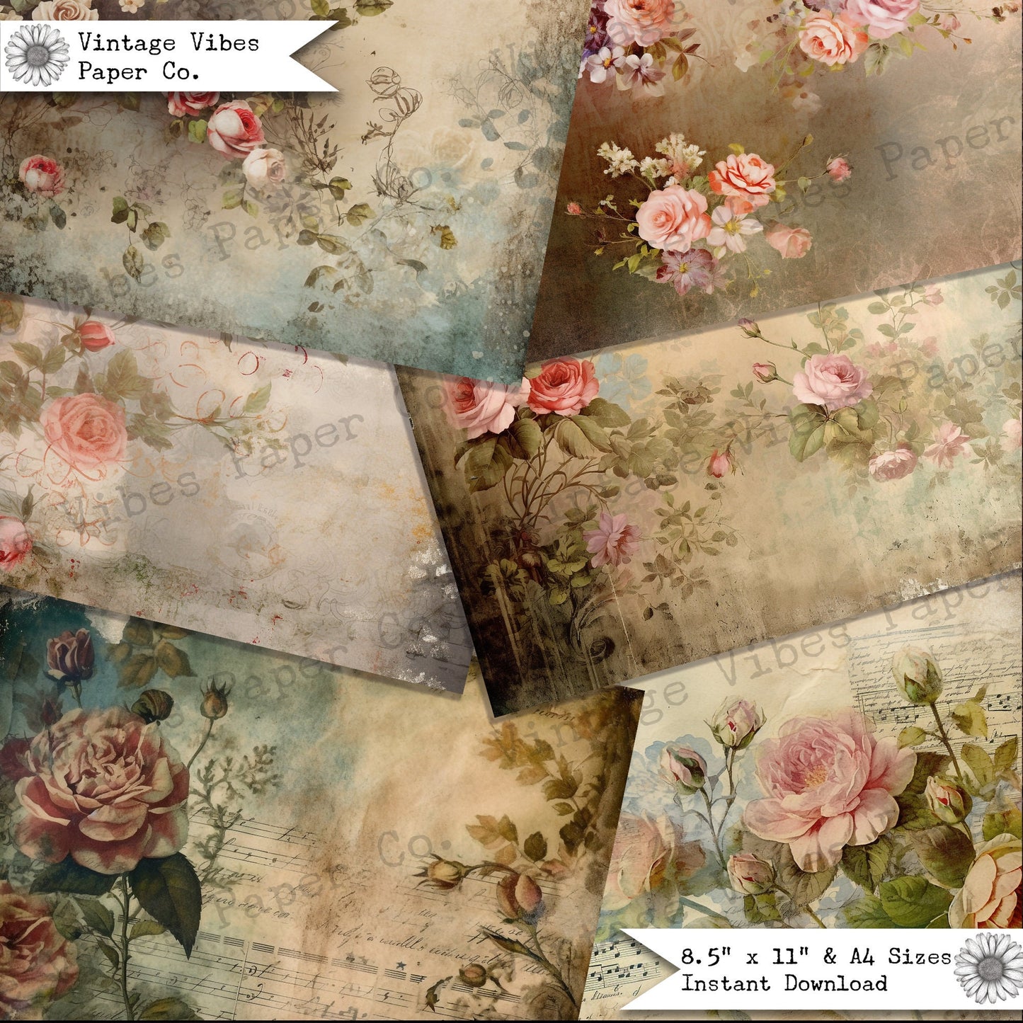 Grunge Vintage floral junk journal papers, digital printable scrapbook papers, neutral tones junk journalling paper kit 1, scrapbooking