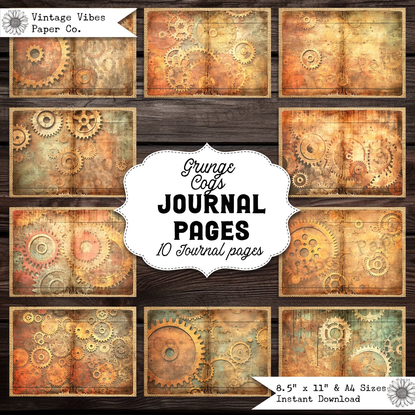 Junk Journal papers grunge cogs neutral journal, steampunk mixed media junk journal pages, instant digital junk journal kit Antique distress