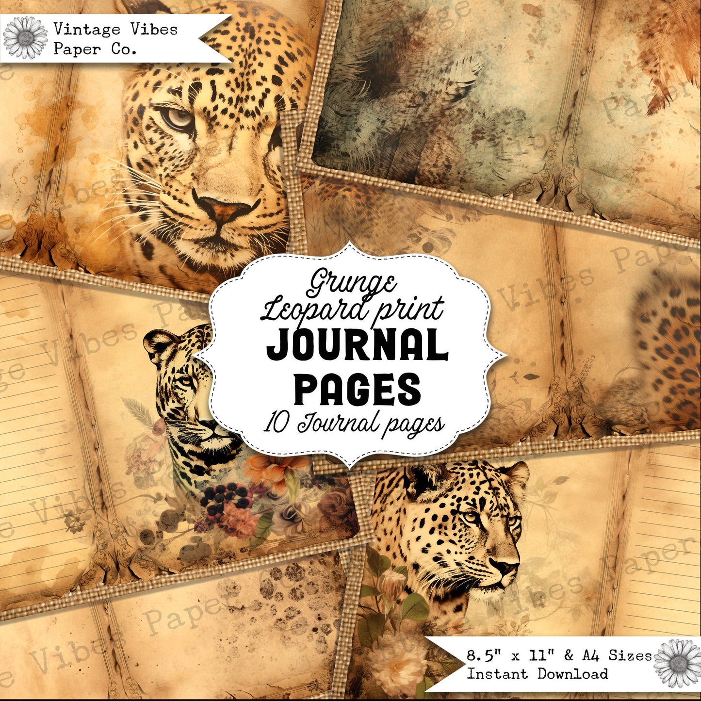 Junk Journal papers grunge leopard print neutral journal, animal safari junk journal pages, instant digital junk journal kit, 10 pages