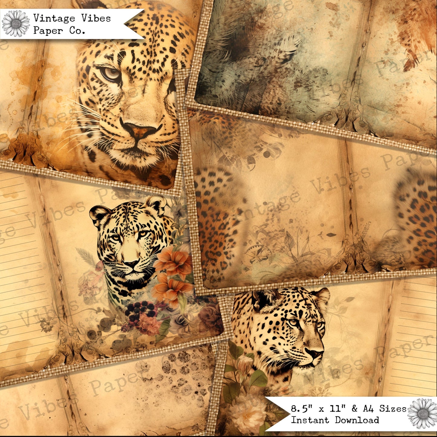 Junk Journal papers grunge leopard print neutral journal, animal safari junk journal pages, instant digital junk journal kit, 10 pages