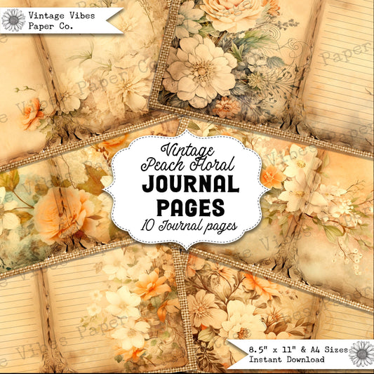 Junk Journal papers Peach floral neutral journal, vintage flowers junk journal pages, instant digital junk journal kit, nature junk journal