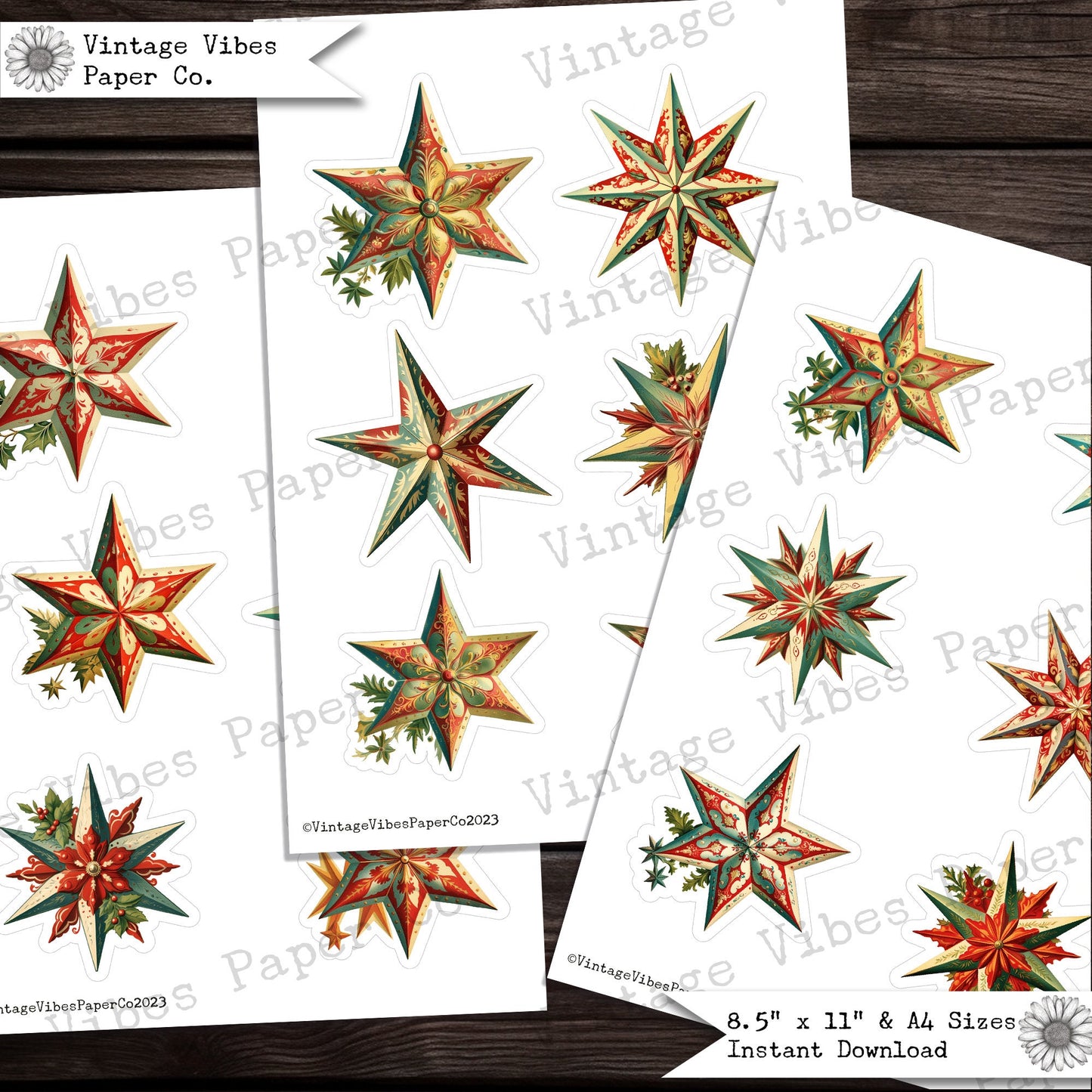 Christmas star fussy cut ephemera for junk journals, 18 collage cut outs for scrapbooking, crafts, digital ephemera sheets printable page