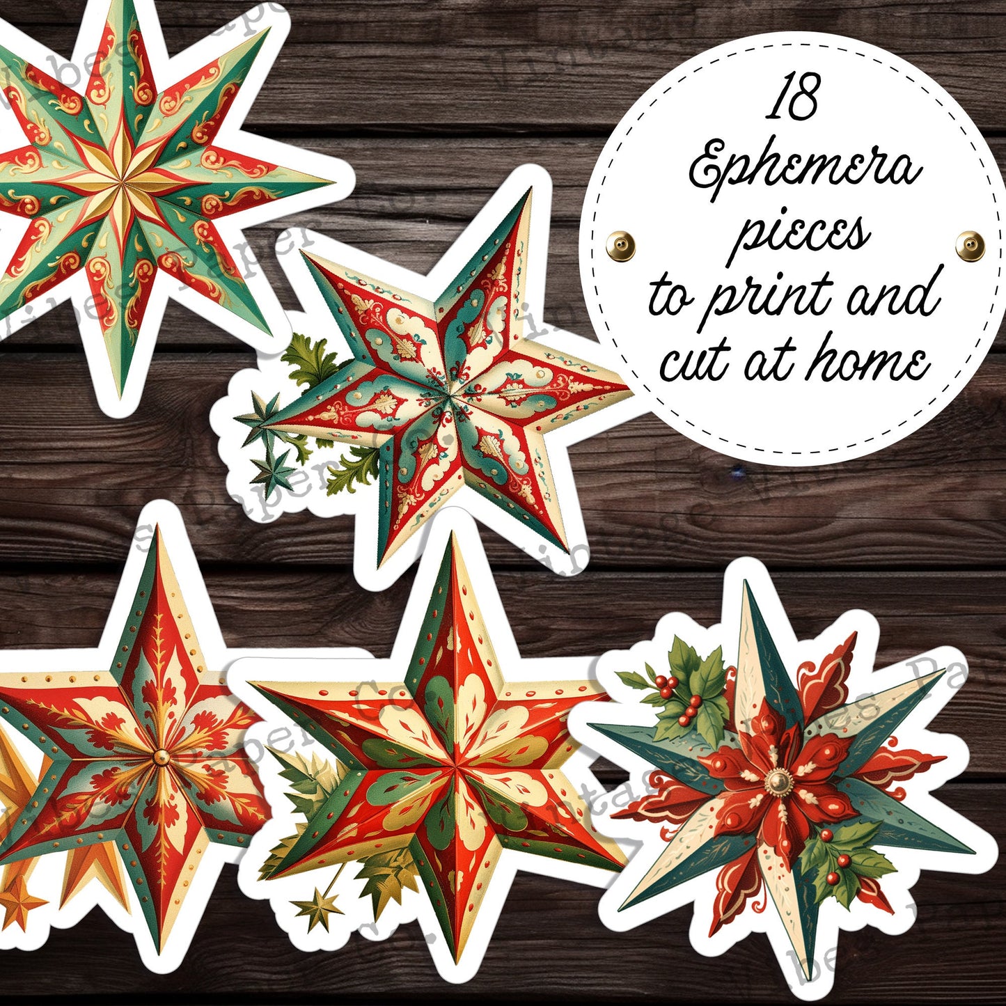 Christmas star fussy cut ephemera for junk journals, 18 collage cut outs for scrapbooking, crafts, digital ephemera sheets printable page