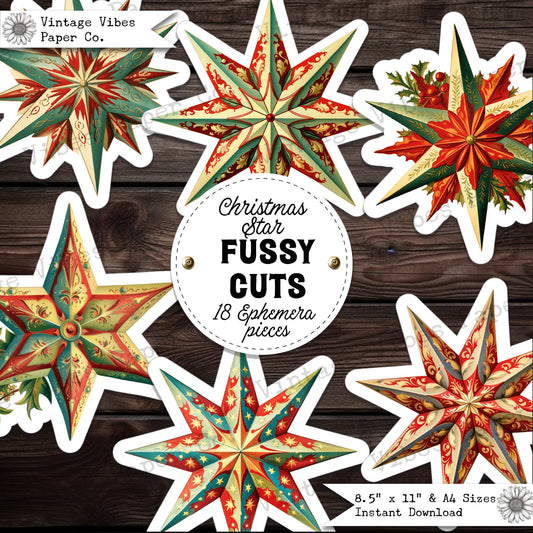 Christmas star fussy cut ephemera for junk journals, 18 collage cut outs for scrapbooking, crafts, digital ephemera sheets printable page