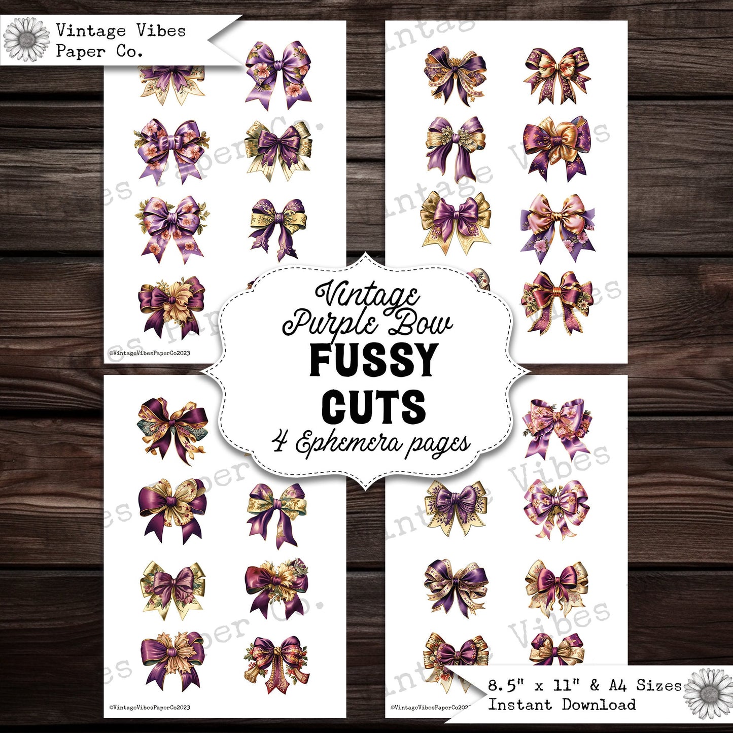 Junk journal fussy cut ephemera vintage style purple & gold bows, fashion sewing journal printable junk journal ephemera printable cut outs