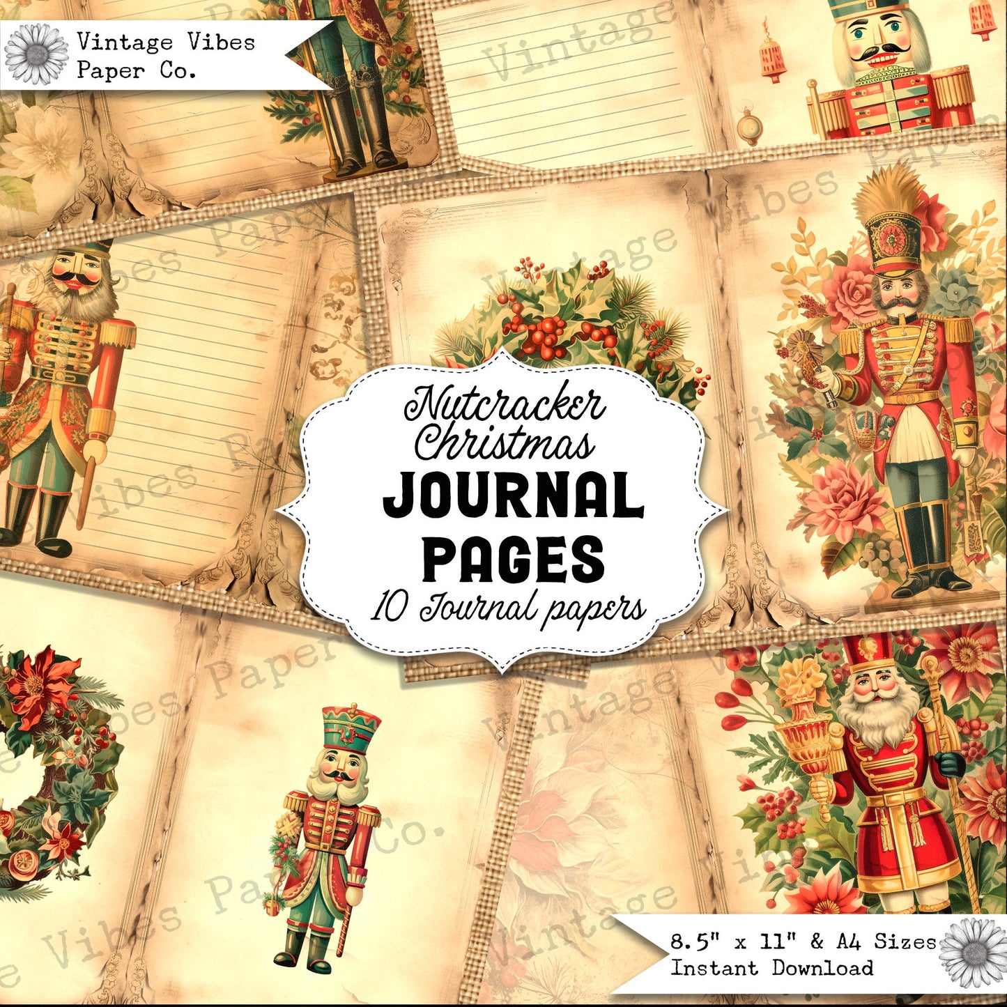 Vintage Junk journal, Christmas nutcracker junk journal pages, animal junk journal printable papers, digital collage pages for journaling