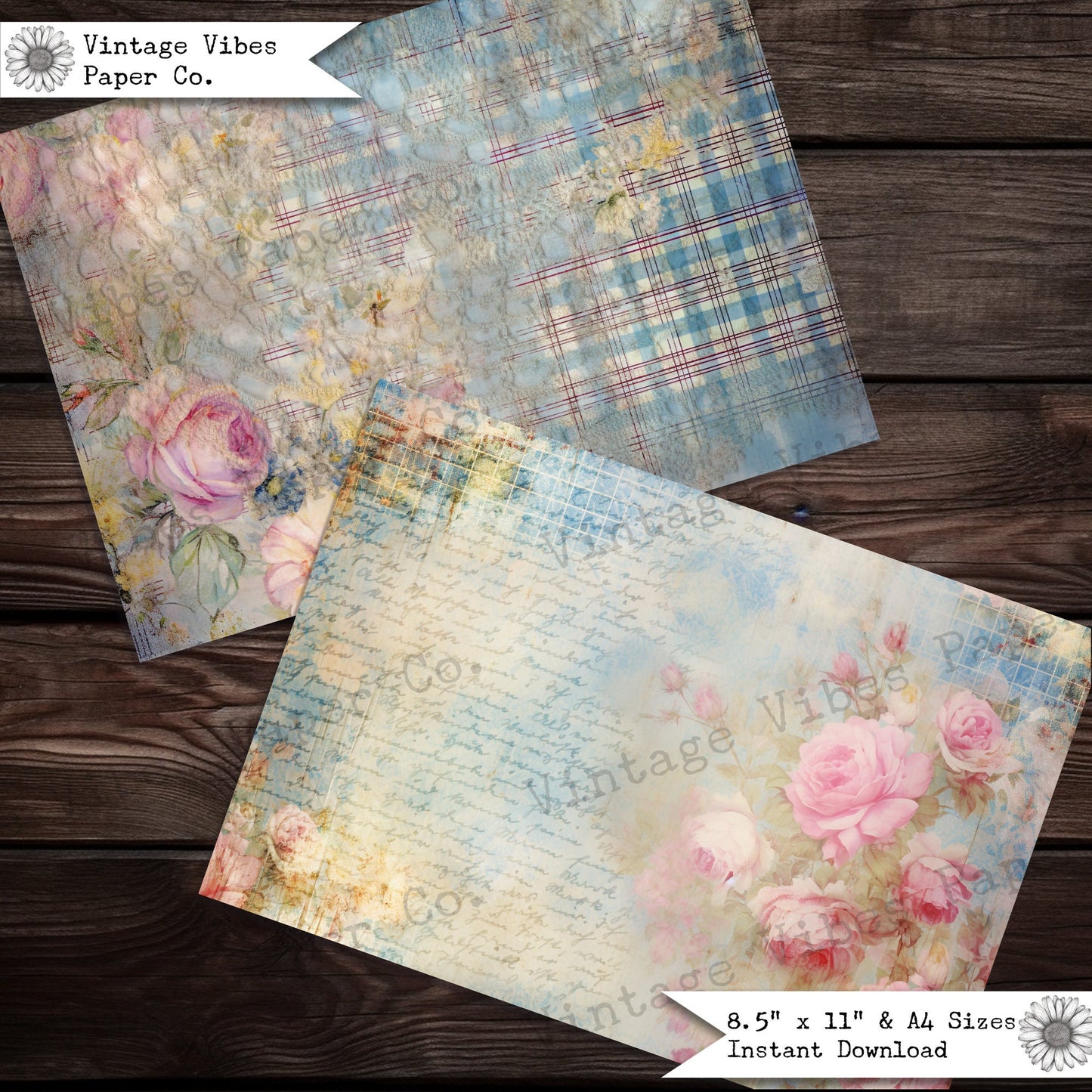 Junk journal papers Grunge floral tartan, rustic grungy plaid patterned textured collage pages for junk journaling & mixed media collage