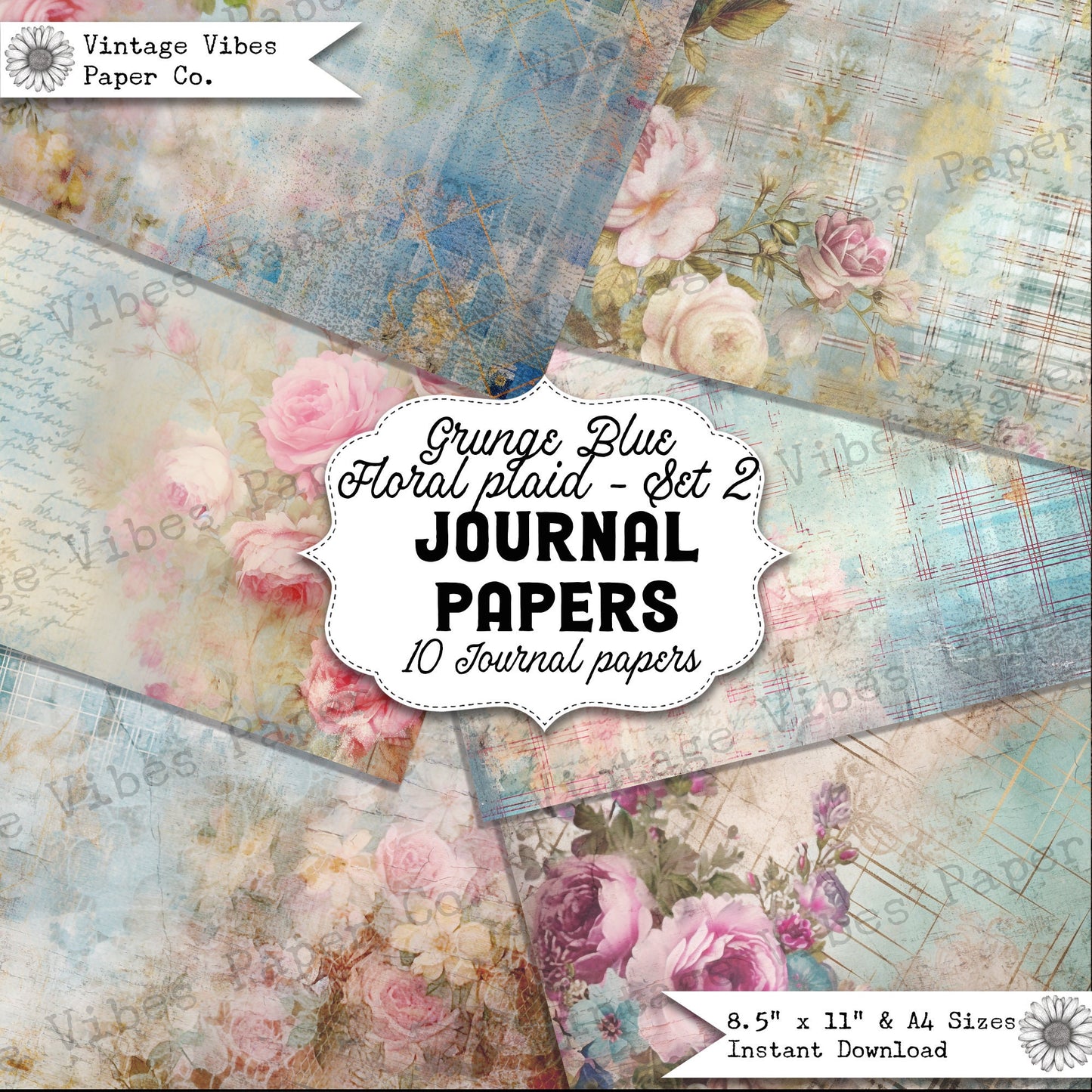 Junk journal papers Grunge floral tartan, rustic grungy plaid patterned textured collage pages for junk journaling & mixed media collage