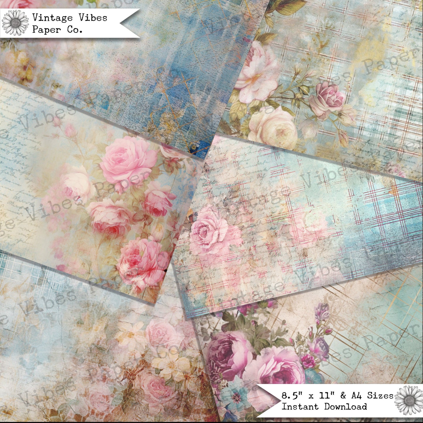 Junk journal papers Grunge floral tartan, rustic grungy plaid patterned textured collage pages for junk journaling & mixed media collage