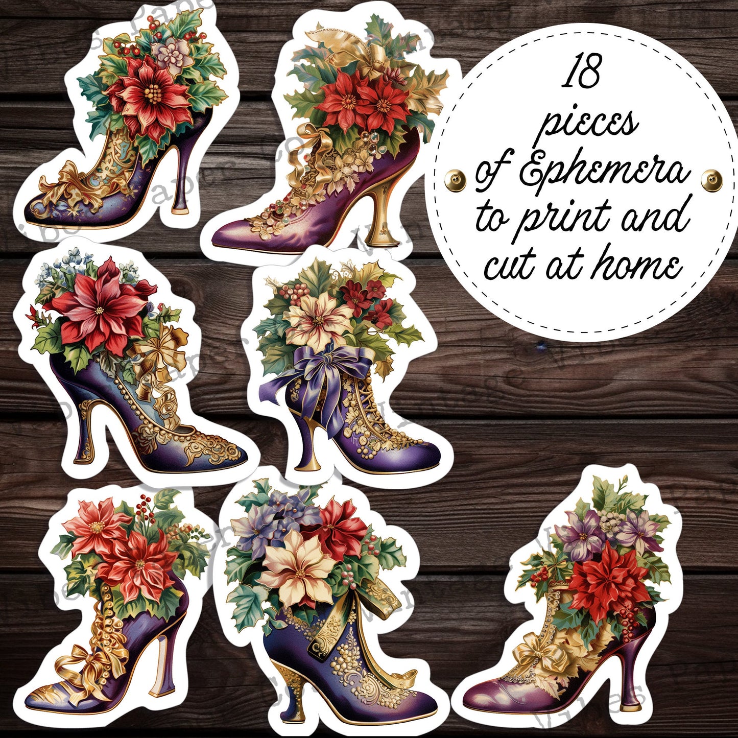 Christmas shoes fussy cut fashion ephemera for junk journals, purple collage cut outs for scrapbooks digital ephemera sheets printable page