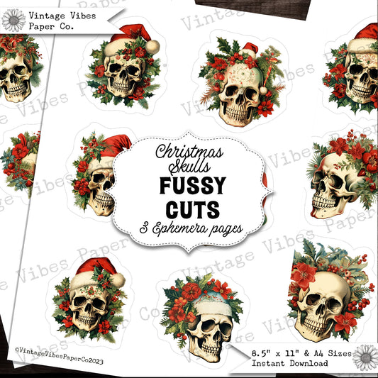 Christmas floral Skulls junk journal fussy cut ephemera, digital download printable scrapbook collage ephemera cut outs, gothic christmas