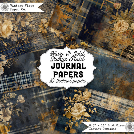 Junk journal papers Grunge floral tartan Navy & Gold, rustic grungy plaid patterned textured collage pages for junk journaling, mixed media