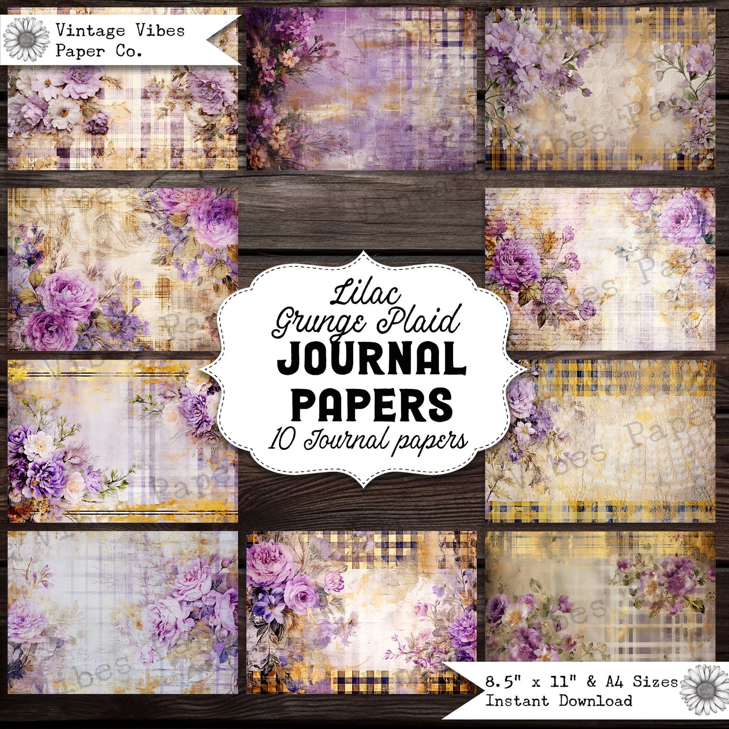 Junk journal papers lilac Grunge floral tartan, rustic grungy plaid patterned textured collage pages for junk journaling & mixed media