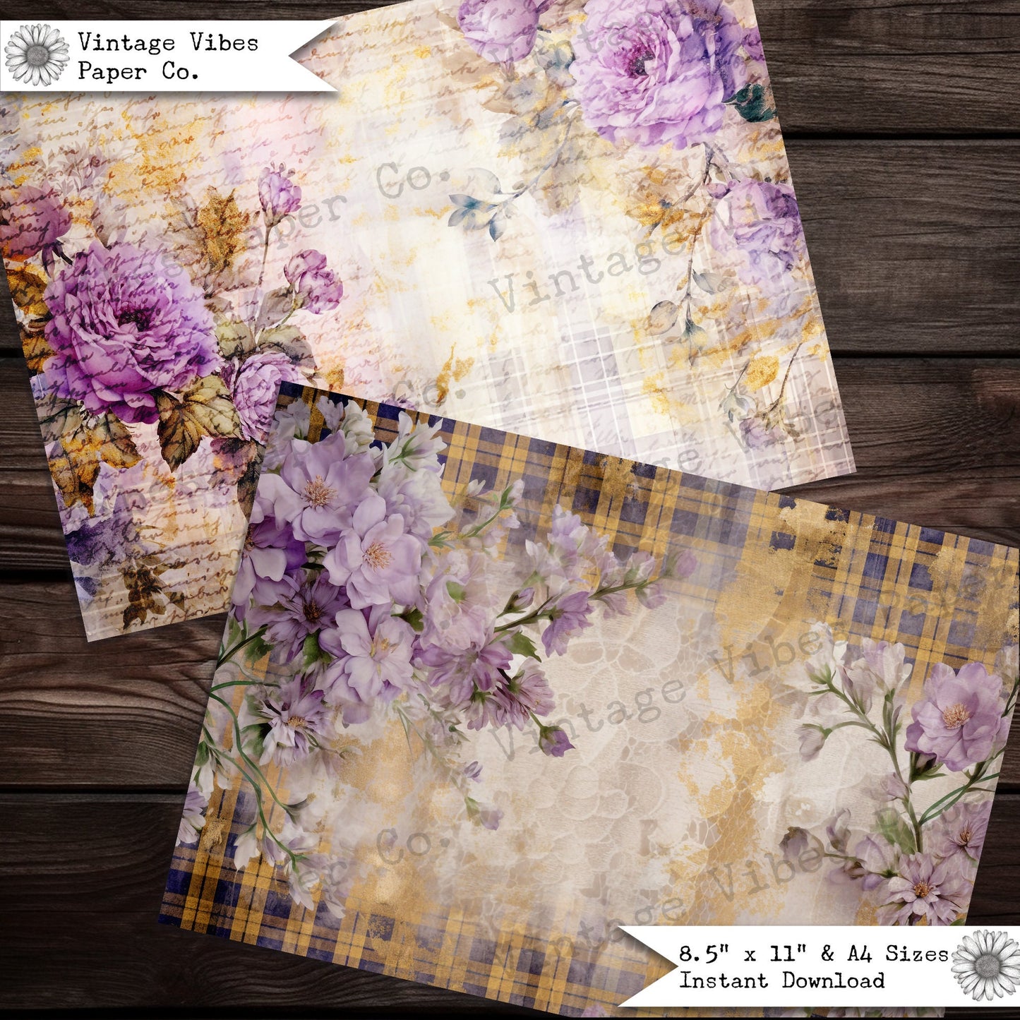 Junk journal papers lilac Grunge floral tartan, rustic grungy plaid patterned textured collage pages for junk journaling & mixed media