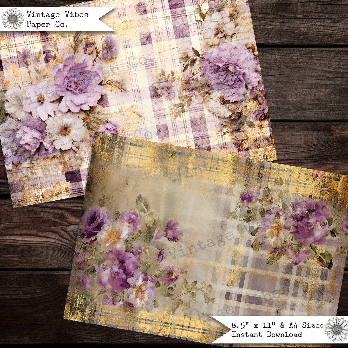 Junk journal papers lilac Grunge floral tartan, rustic grungy plaid patterned textured collage pages for junk journaling & mixed media