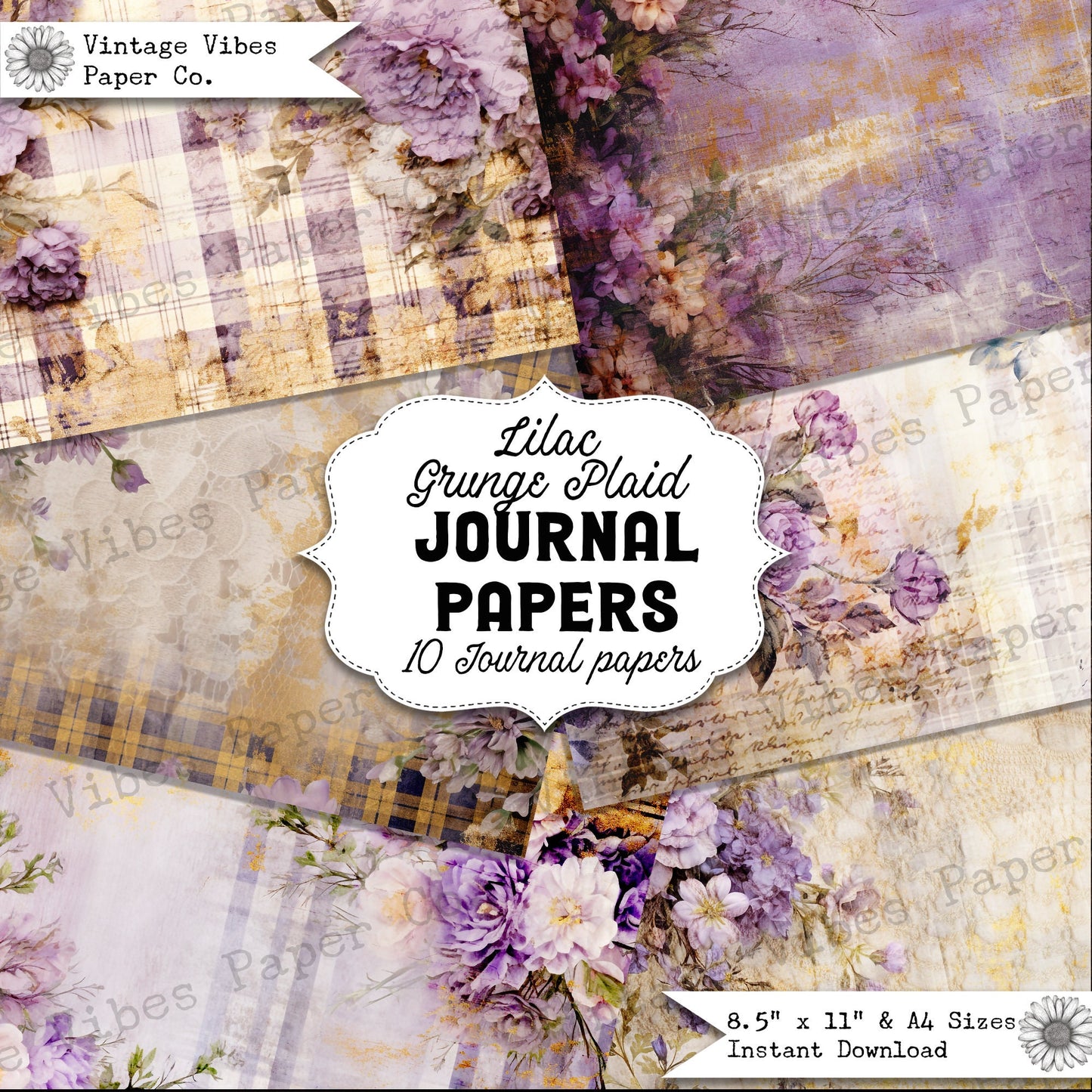 Junk journal papers lilac Grunge floral tartan, rustic grungy plaid patterned textured collage pages for junk journaling & mixed media