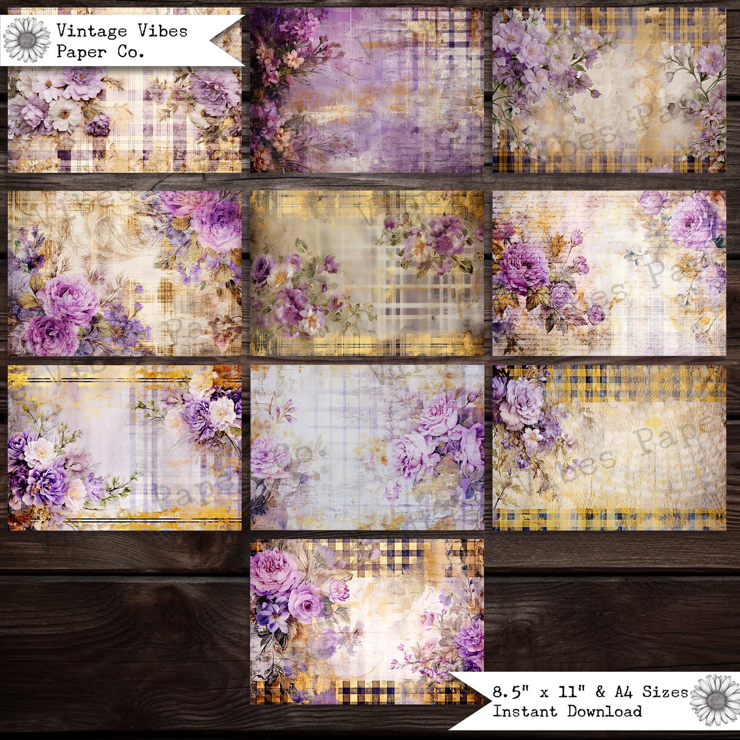 Junk journal papers lilac Grunge floral tartan, rustic grungy plaid patterned textured collage pages for junk journaling & mixed media