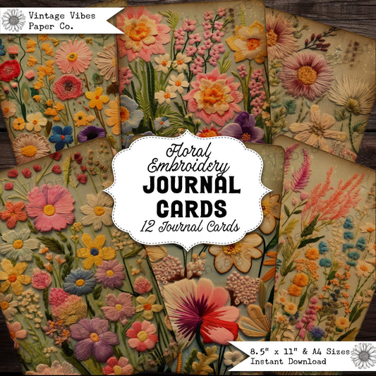 Junk journal ephemera cards vintage style embroidery pattern, digital printable sewing theme junk journal inserts, printable card topper