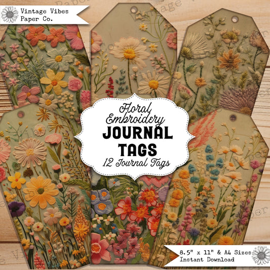 Vintage style embroidery junk Journal tags perfect for sewing themed junk journals, digital gift tags floral stitched texture printable