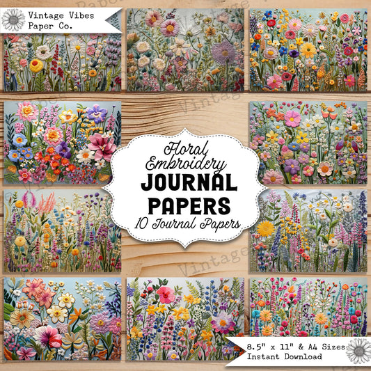 Floral embroidery Papers Digital Pack, vintage-style sewing collection of flower embroidered junk journal papers perfect for sewing theme