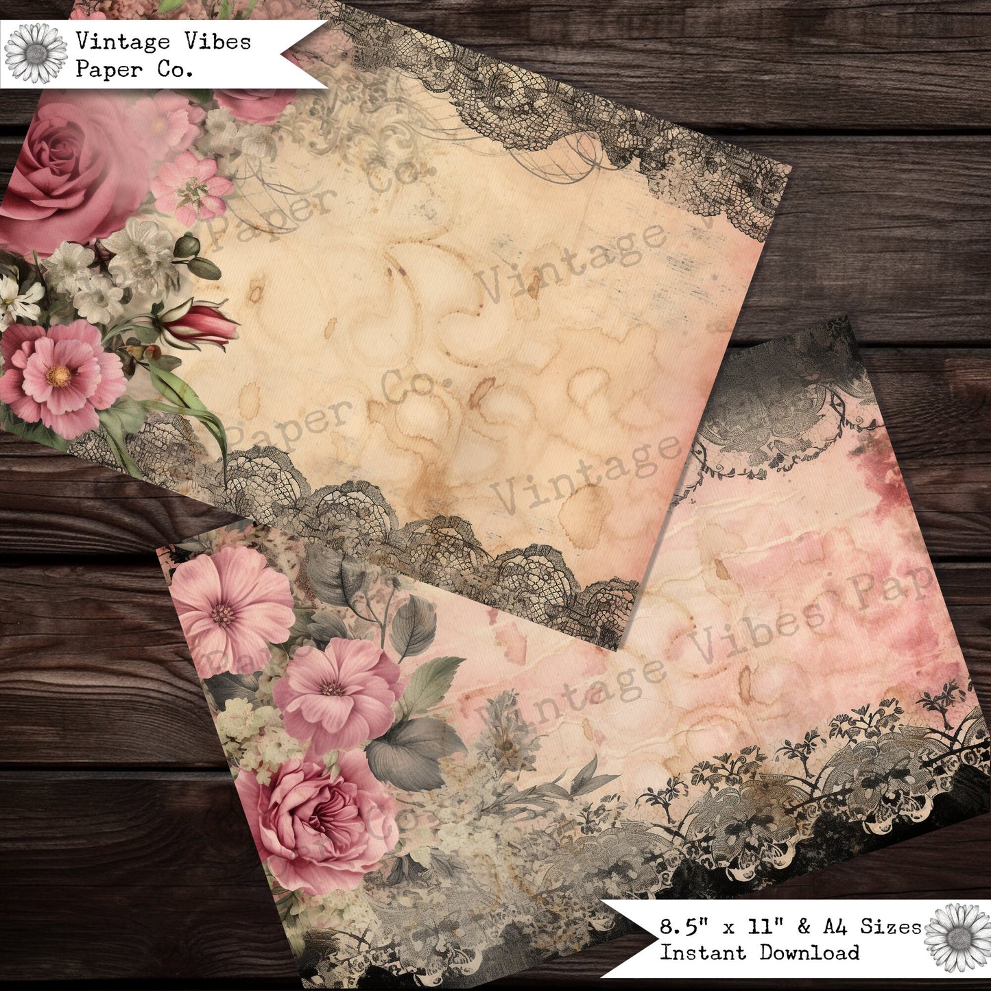 Junk journal papers Grungy Vintage lace backgrounds, Grunge pink roses & black lace, Victorian gothic junk journal papers, digital printable