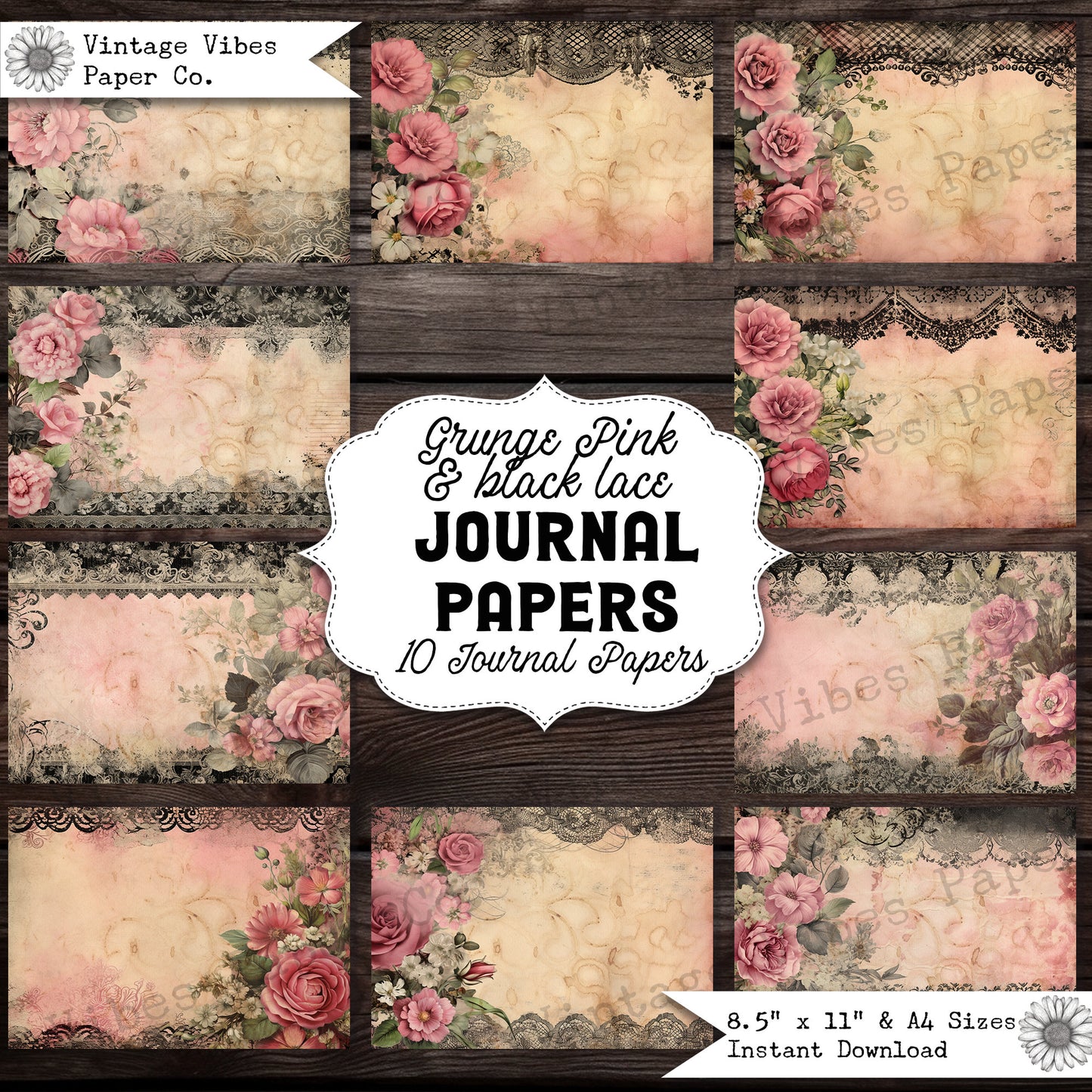 Junk journal papers Grungy Vintage lace backgrounds, Grunge pink roses & black lace, Victorian gothic junk journal papers, digital printable