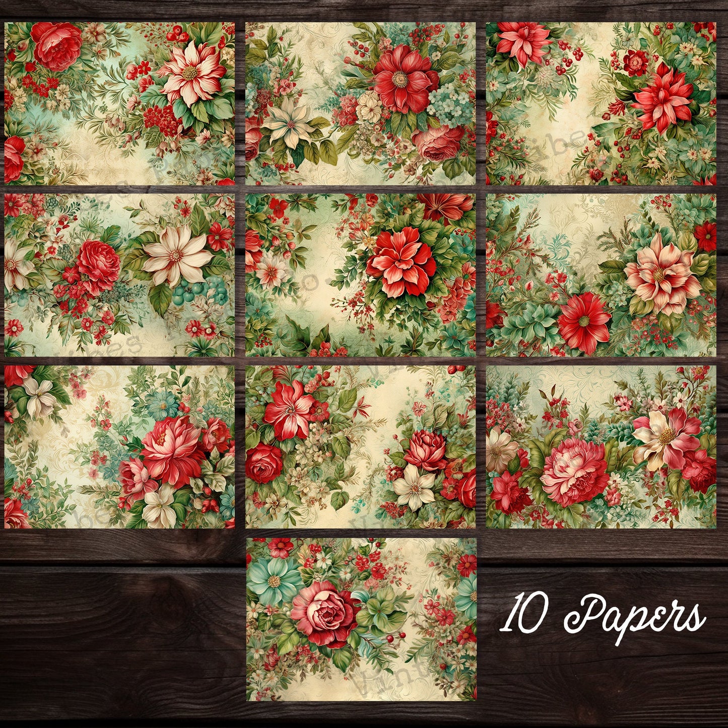 Junk journal paper Vintage Christmas florals, poinsettia and Christmas rose digital paper pack for scrapbooking and crafts, holiday papers