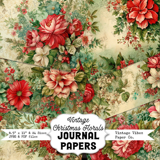 Junk journal paper Vintage Christmas florals, poinsettia and Christmas rose digital paper pack for scrapbooking and crafts, holiday papers