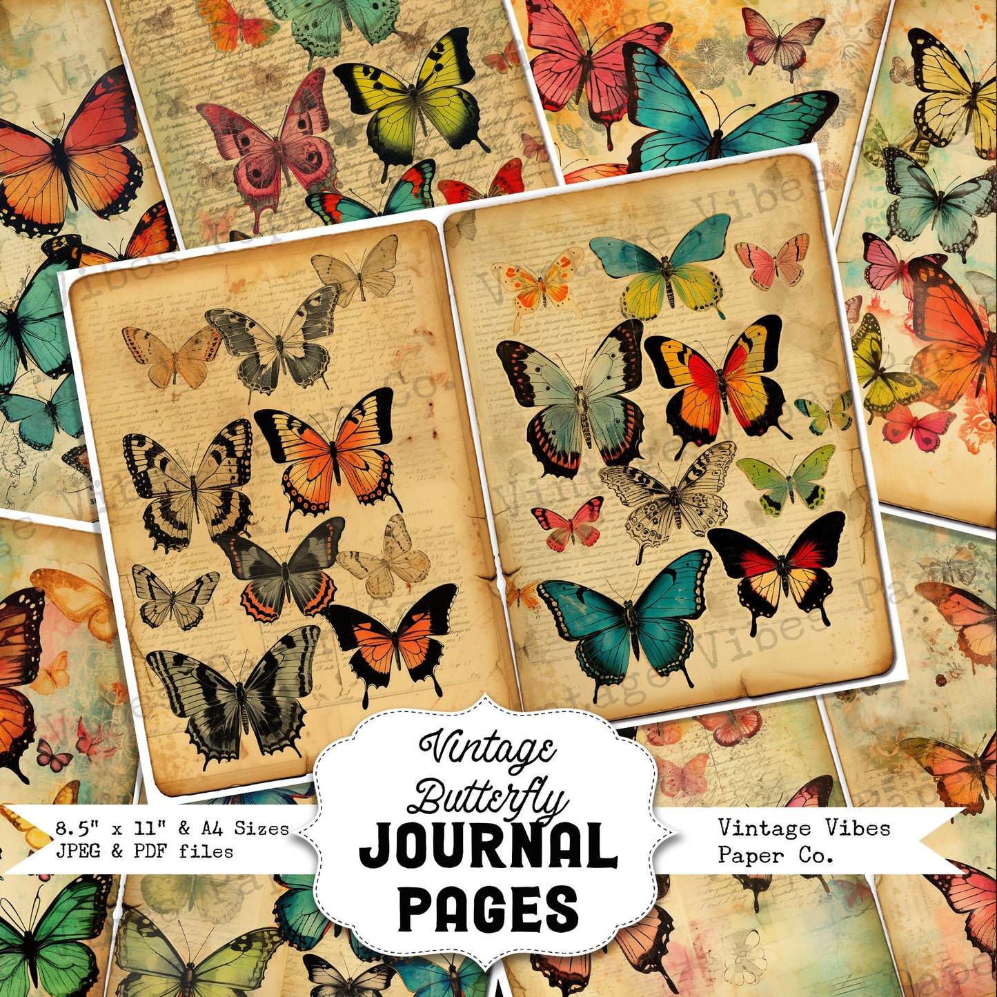 Vintage butterfly junk journal page spreads, grunge background beautiful abstract butterfly patterned digital papers, junk journal ephemera