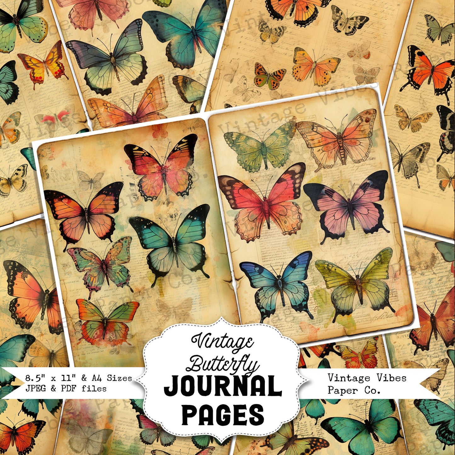 Vintage butterfly junk journal page spreads, grunge background beautiful abstract butterfly patterned digital papers, junk journal ephemera