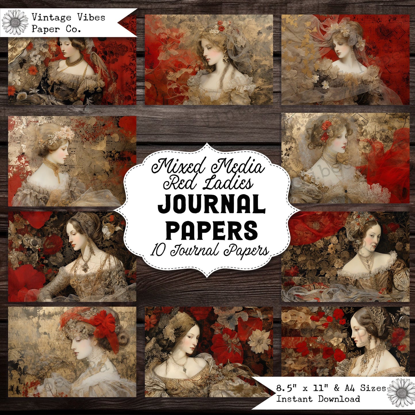 Mixed Media red ladies Renaissance junk journal papers, collage mixed media digital paper pack, instant download scrapbooking papers