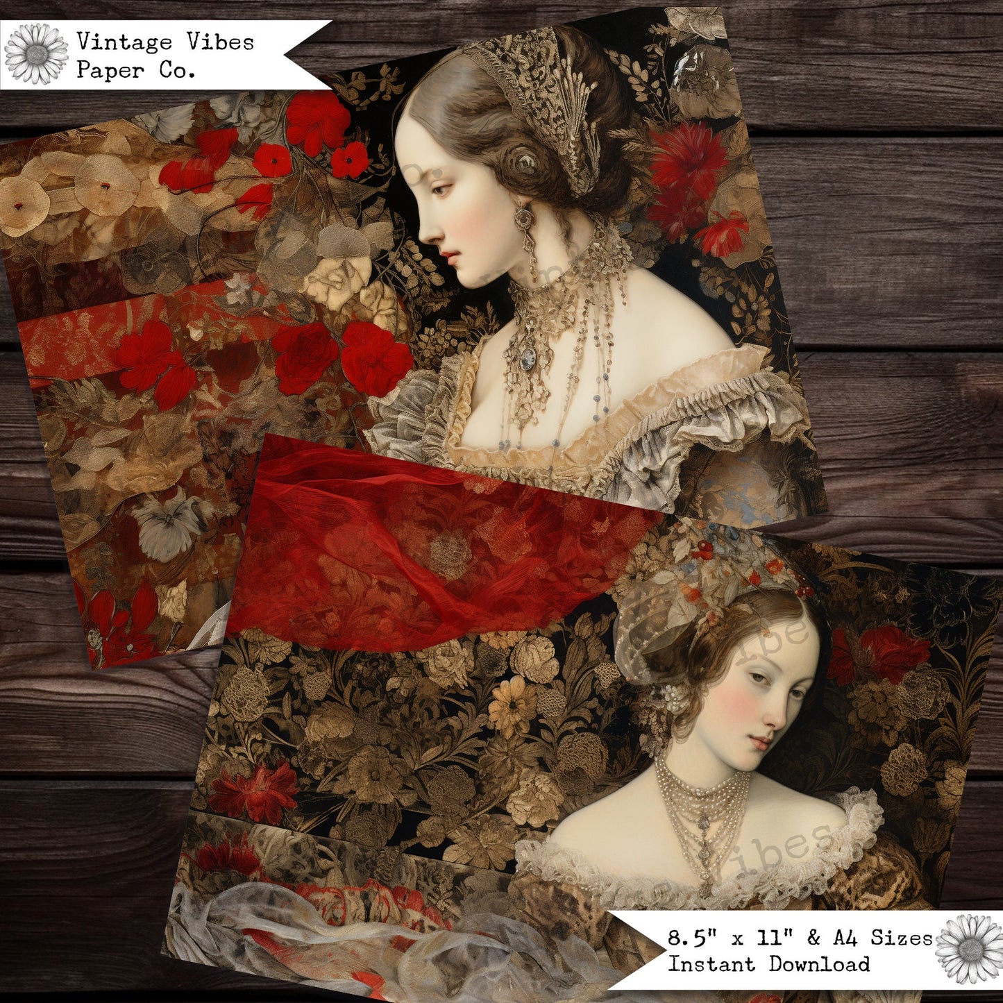 Mixed Media red ladies Renaissance junk journal papers, collage mixed media digital paper pack, instant download scrapbooking papers