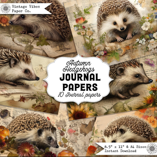 Junk journal Autumn hedgehog printable scrapbook papers, digital junk journal kit, fall floral hedgehog papers ideal for animal journal