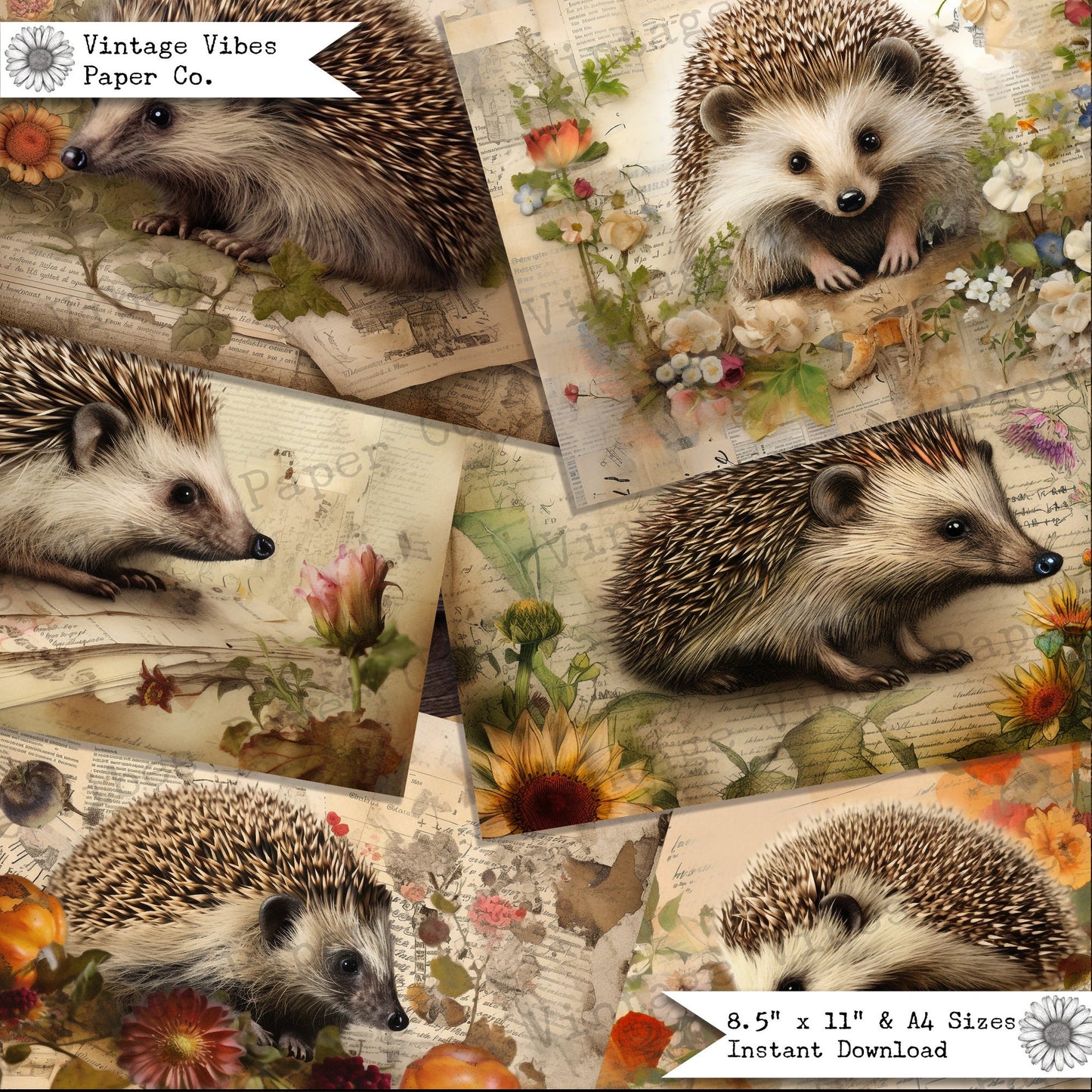 Junk journal Autumn hedgehog printable scrapbook papers, digital junk journal kit, fall floral hedgehog papers ideal for animal journal