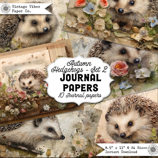 Fall Autumn hedgehog junk journal papers set 2, vintage floral botanical nature themed junk journal paper, digital pages for junk journals