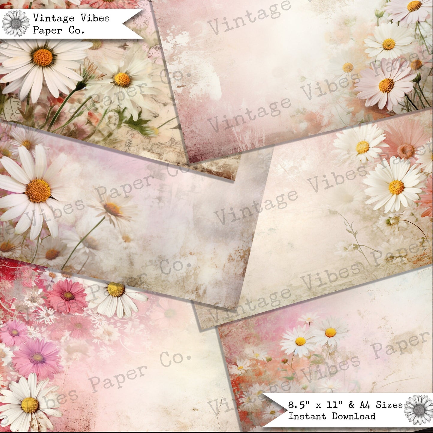 Pink Daisy Vintage floral junk journal papers, digital printable scrapbook papers, card making papers vintage floral pink grunge tones