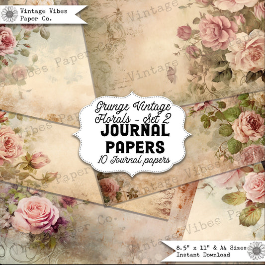 Grunge Vintage floral junk journal papers, digital printable scrapbook papers, neutral tones junk journalling paper kit 2, scrapbooking